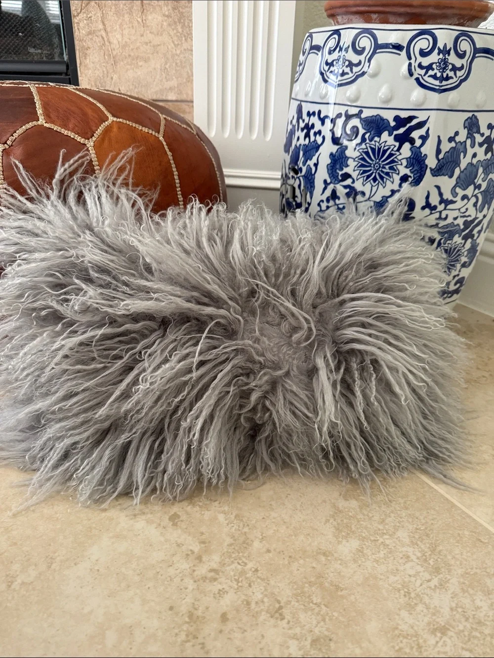 Genuine Mongolian Lamb Fur Lumbar Pillow Grey Curly Sheepskin Cushion